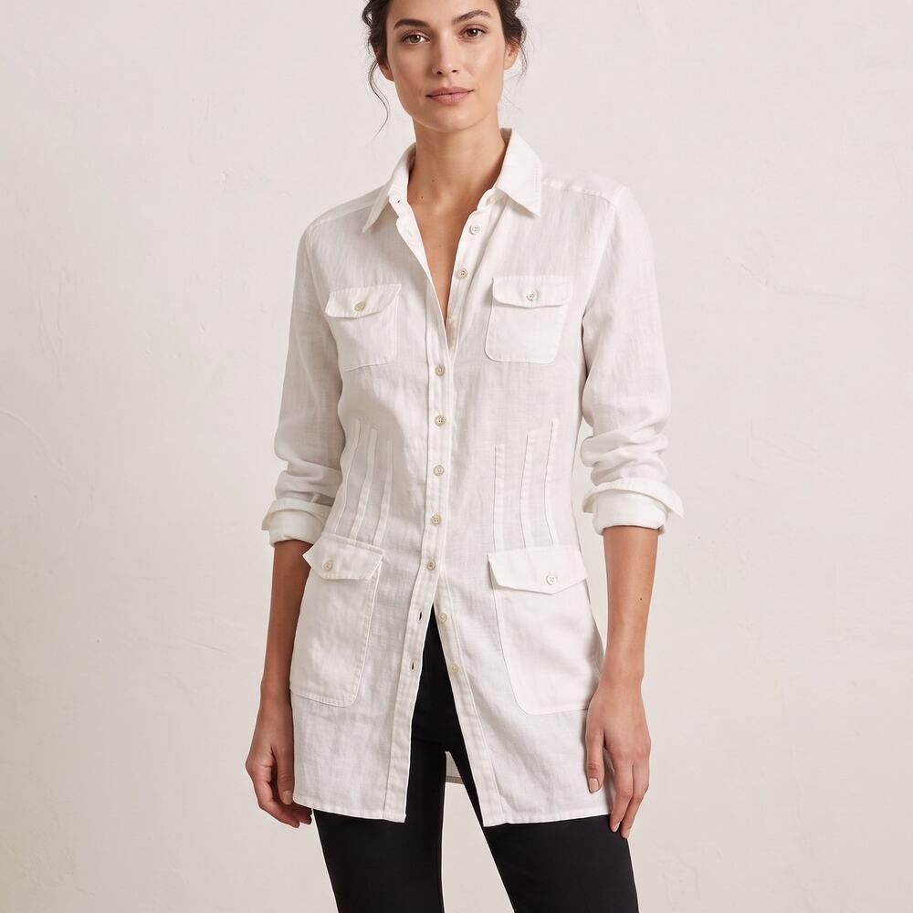 Anne Fontaine Linen Ludmilla utility button up shirt multi pockets sz 44